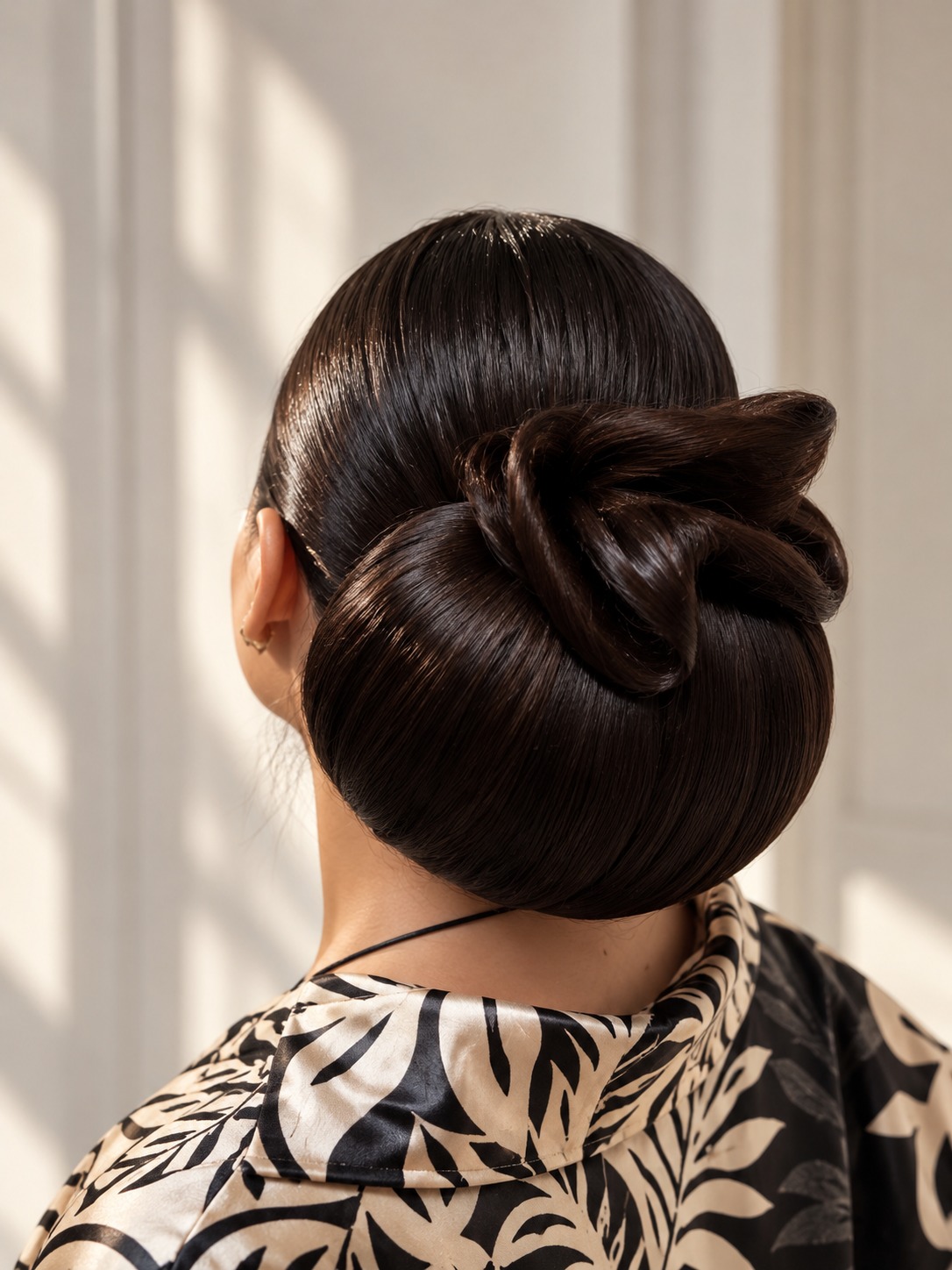 A smooth low chignon with sculpted loops