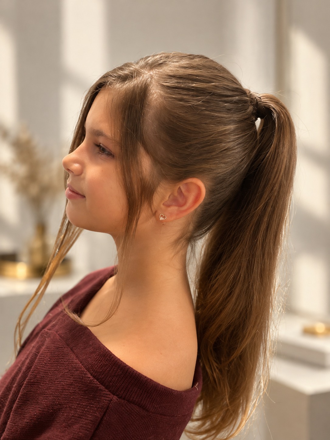 A sleek ponytail, viewed from the side