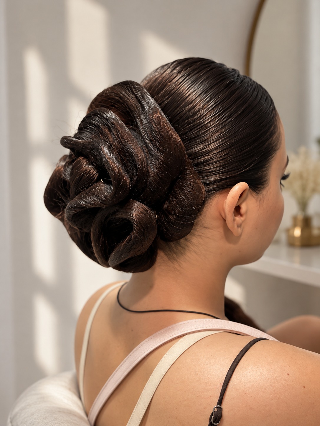 Sculpted low updo in glossy dark hair