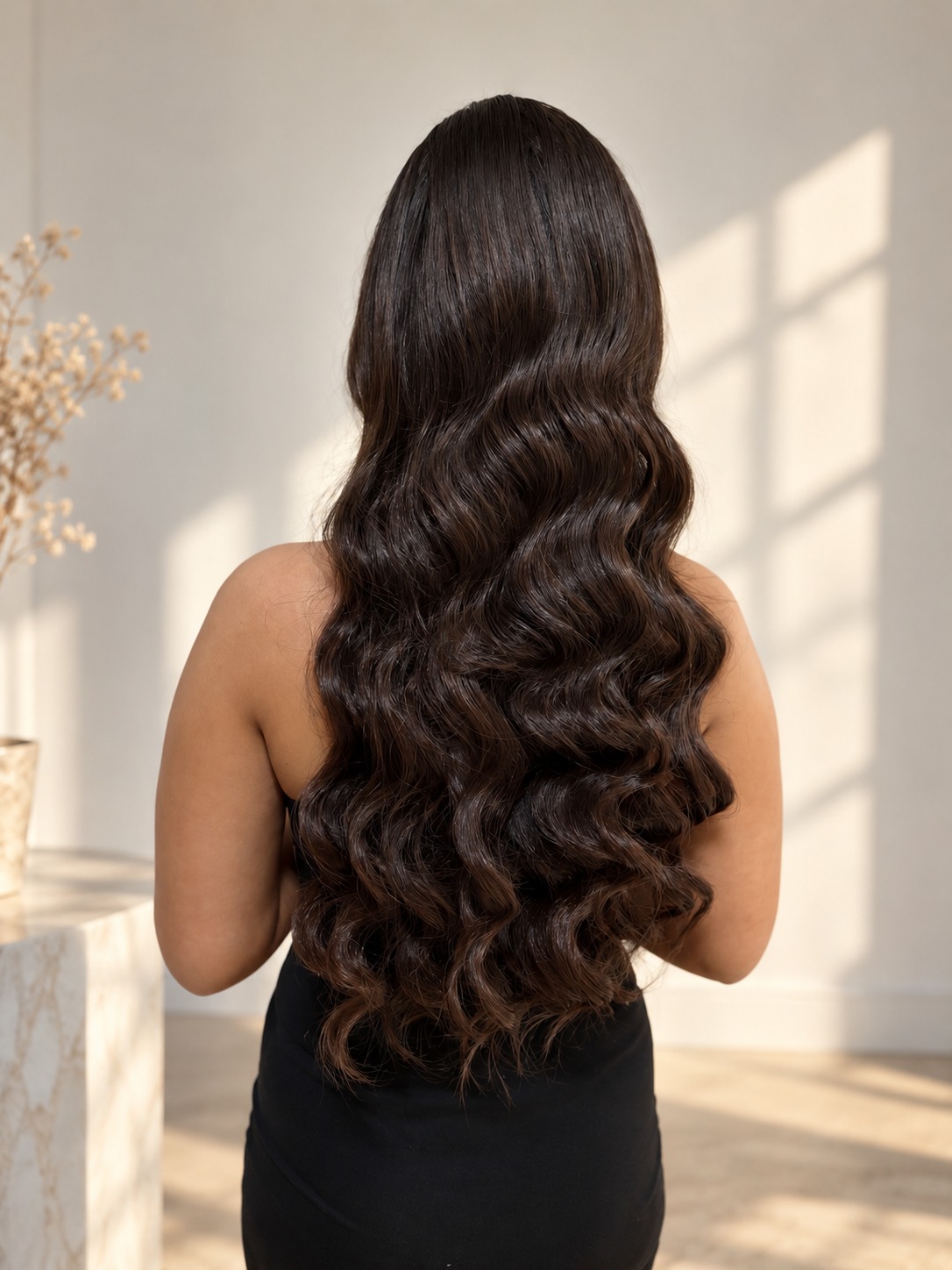 Long flowing dark waves, rear view